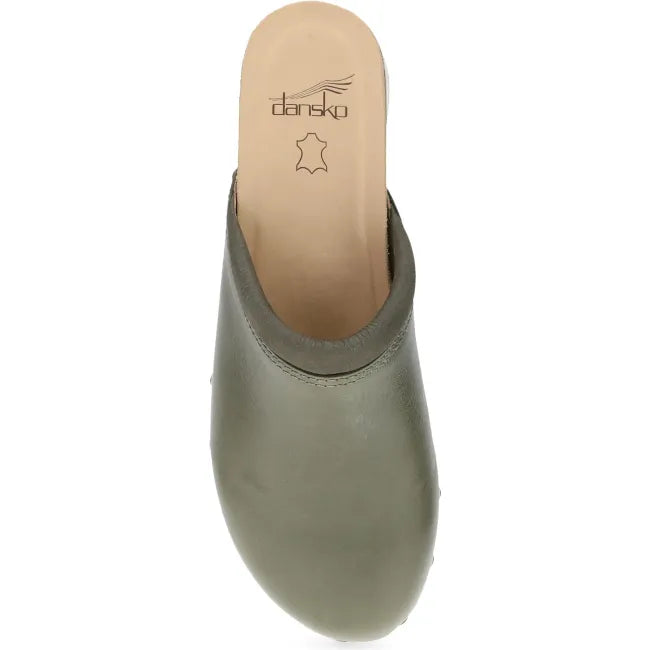 Dansko Andie wood clog in olive leather, top view