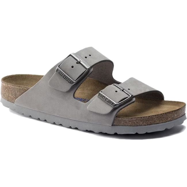 Front angled view of Birkenstock Women's Arizona Soft Footbed Sandal in nubuck dove gray