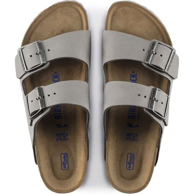 Top down view of Birkenstock Women's Arizona Soft Footbed Sandal in nubuck dove gray