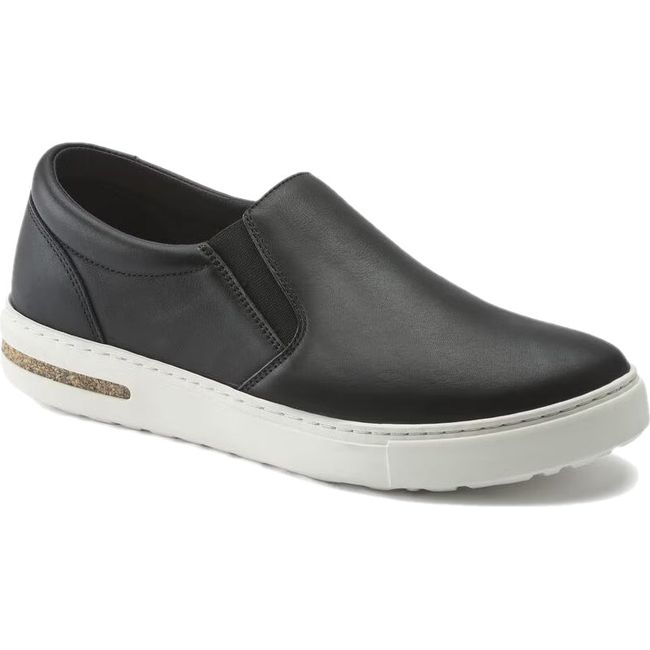 Front angled view of Birkenstock Unisex Oswego slip on Shoe in black leather