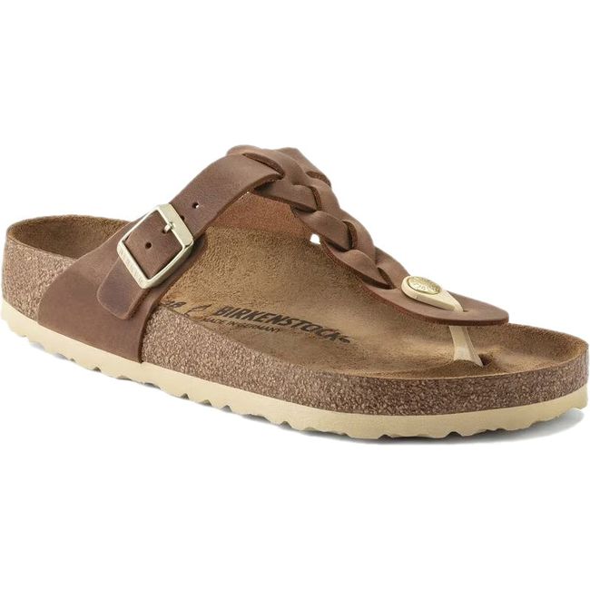 Front angled view of Birkenstock Women's Gizeh Braid Oiled Leather Sandal in congac brown