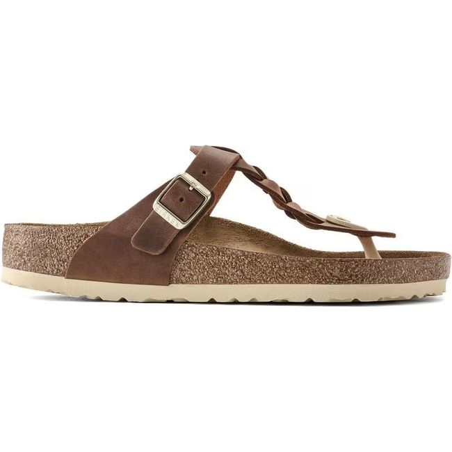 Lateral side of Birkenstock Women's Gizeh Braid Oiled Leather Sandal in congac brown