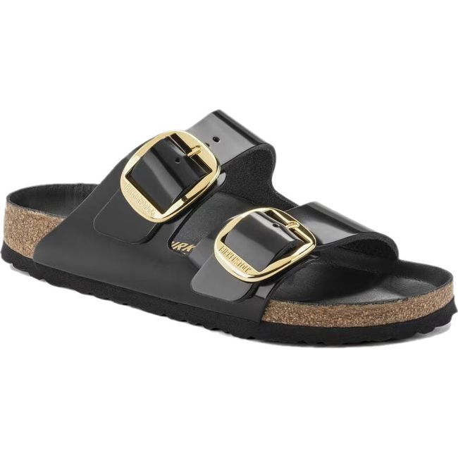 Front angled view of Birkenstock Women's Arizona Big Buckle High Shine Black Narrow Sandal