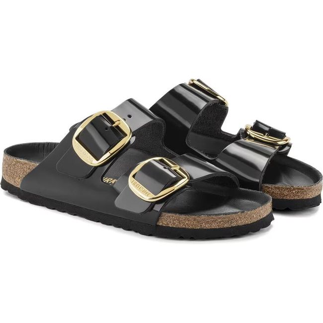 Pair of Birkenstock Women&#39;s Arizona Big Buckle High Shine Black Narrow Sandals