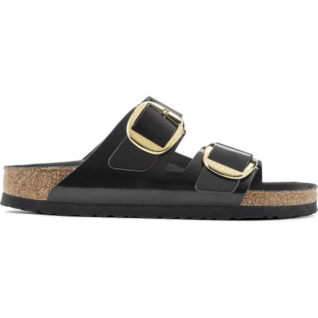 Lateral side of Birkenstock Women's Arizona Big Buckle High Shine Black Narrow Sandal