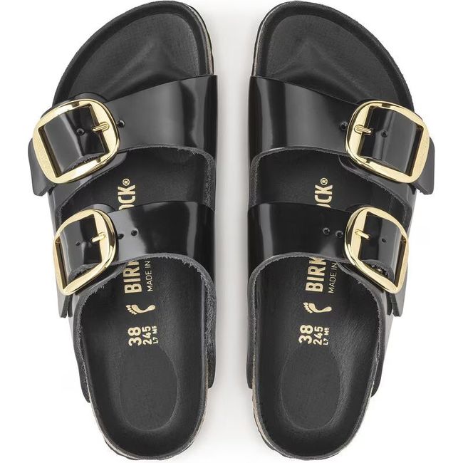 Top down view of Birkenstock Women&#39;s Arizona Big Buckle High Shine Black Narrow Sandals