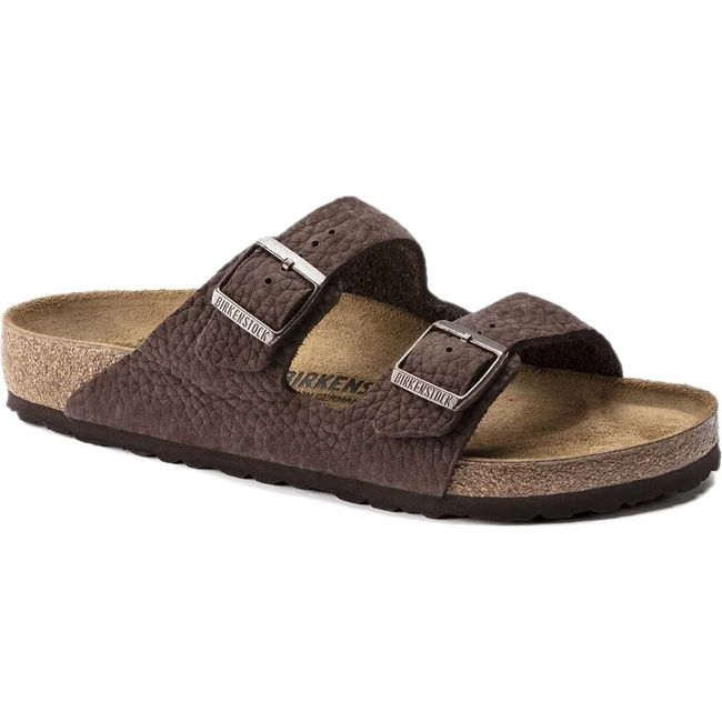 Front angled view of Birkenstock Men's Arizona Nubuck Sandal in Desert Buck Roast Brown