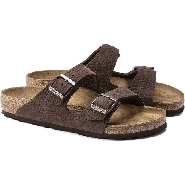 Pair of Birkenstock Men's Arizona Nubuck Sandals in Desert Buck Roast Brown