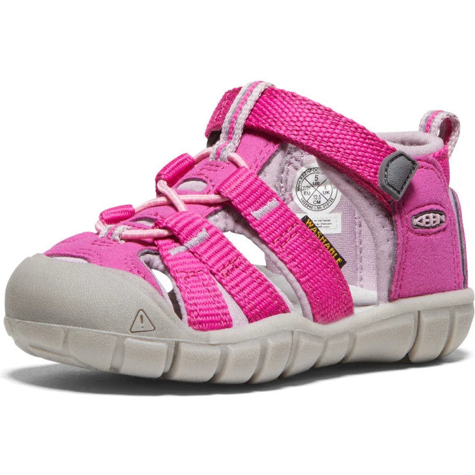 Front angled view of Keen Kids' Seacamp II CNX Sandal (Toddler) in Very Berry Dawn Pink