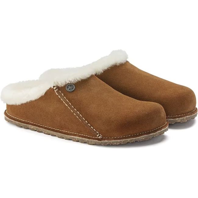 Pair of Women&#39;s brown suede Birkenstock Zermatt Premium Shearling Wool Slippers