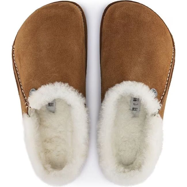 Top-down view of Women&#39;s brown suede Birkenstock Zermatt Premium Shearling Wool Slippers