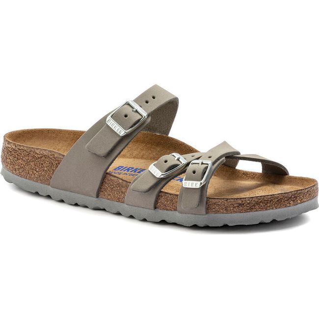 Front angled view of Birkenstock Women's Franca Soft Footbed Sandal in dove gray nubuck