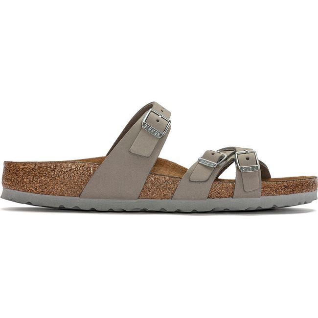 Lateral side of Birkenstock Women's Franca Soft Footbed Sandal in dove gray nubuck