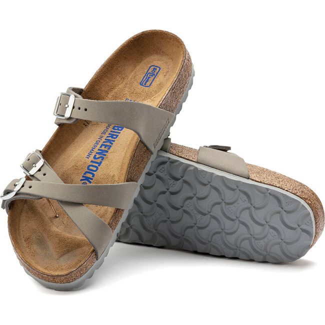 Upper and sole of Birkenstock Women's Franca Soft Footbed Sandals in dove gray nubuck