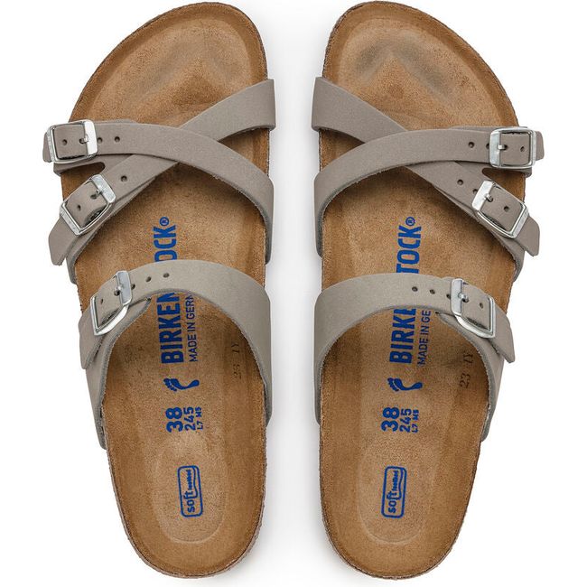 Top down view of Birkenstock Women's Franca Soft Footbed Sandals in dove gray nubuck