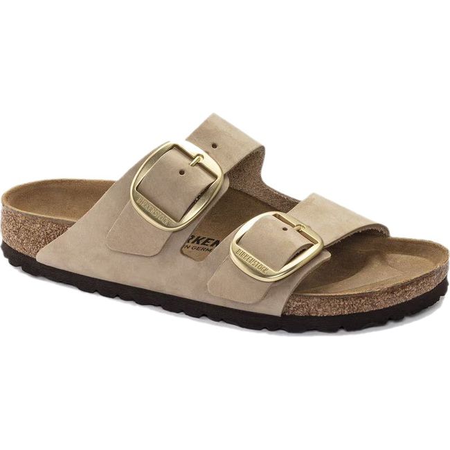 Front angled view of Birkenstock Unisex Arizona Big Buckle Sandal in sandcastle beige
