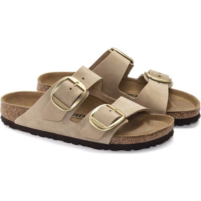 Pair of Birkenstock Unisex Arizona Big Buckle Sandals in sandcastle beige