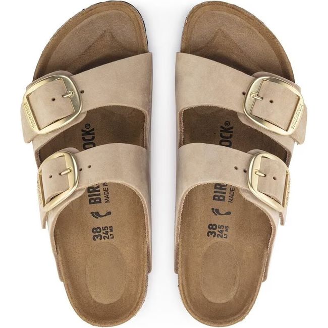 Top down view of Birkenstock Unisex Arizona Big Buckle Sandals in sandcastle beige