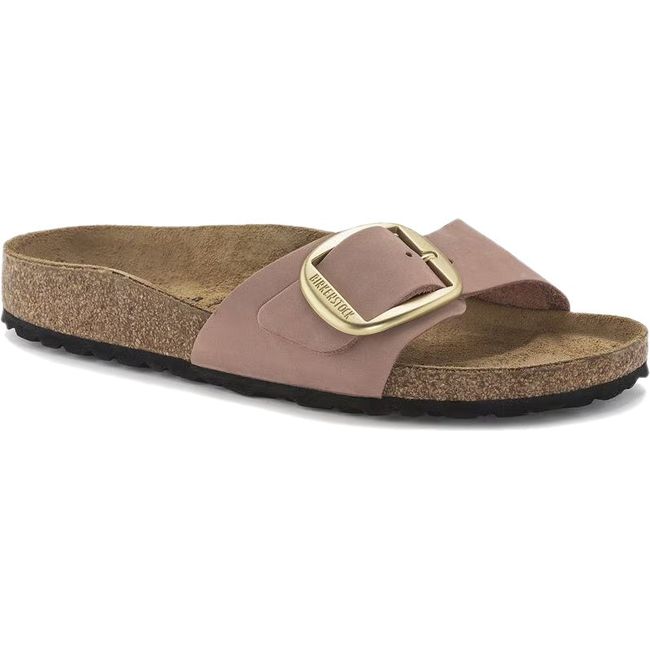 Front angled view of Birkenstock Women's Madrid Big Buckle Narrow Sandal in old rose pink nubuck