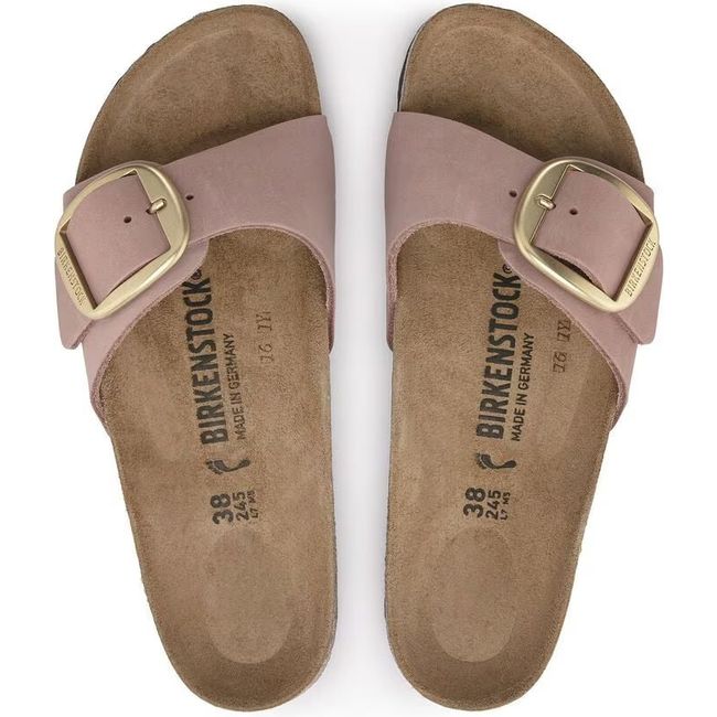 Top down view of Birkenstock Women's Madrid Big Buckle Narrow Sandals in old rose pink nubuck