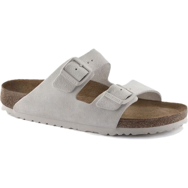 Front angled view of Birkenstock Unisex Arizona Soft Footbed Sandal In Antique White Suede