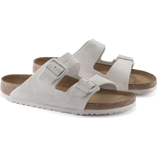 Pair of Birkenstock Unisex Arizona Soft Footbed Sandals In Antique White Suede