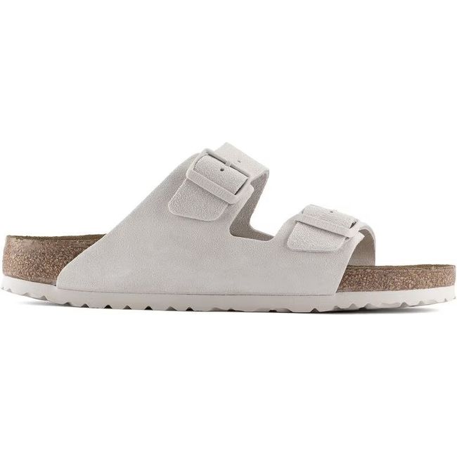 Lateral side of Birkenstock Unisex Arizona Soft Footbed Sandal In Antique White Suede