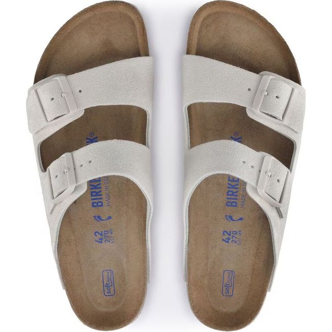 Top down view of Birkenstock Unisex Arizona Soft Footbed Sandal In Antique White Suede