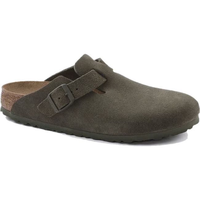 Front angled view of Birkenstock Boston unisex suede clog in Thyme Green Suede