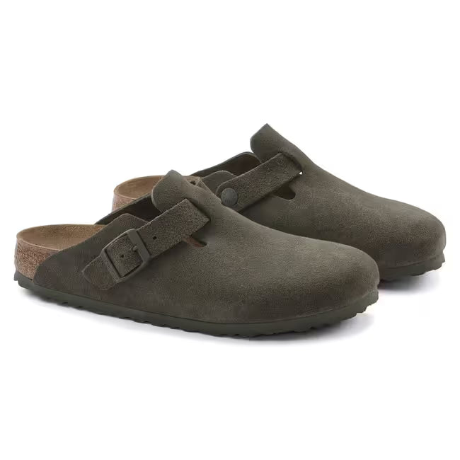 Pair of Birkenstock Boston unisex suede clogs in Thyme Green Suede