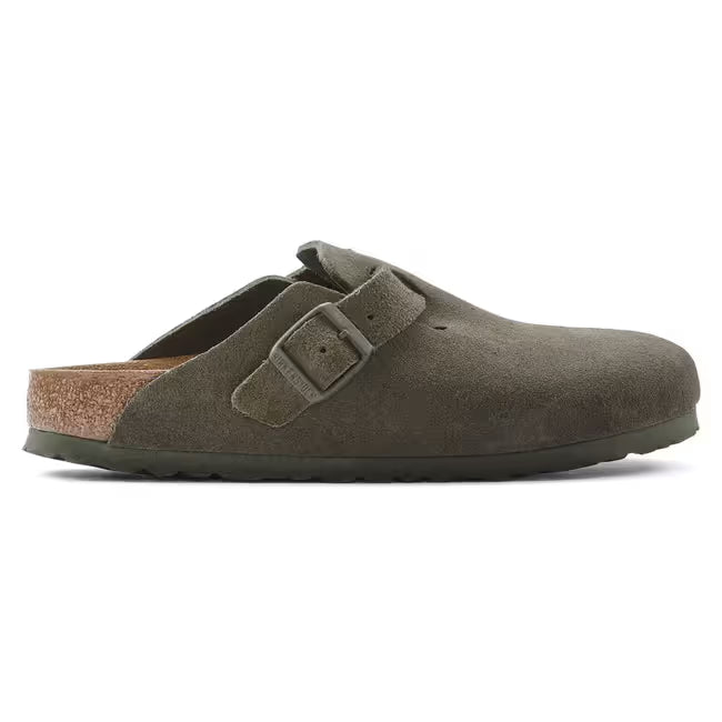 Lateral side of Birkenstock Boston unisex suede clog in Thyme Green Suede