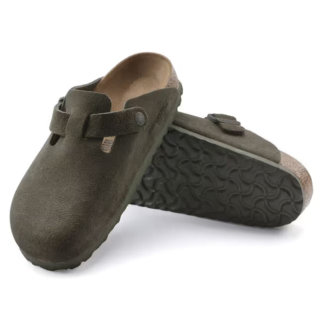 Upper and sole of Birkenstock Boston unisex suede clogs in Thyme Green Suede