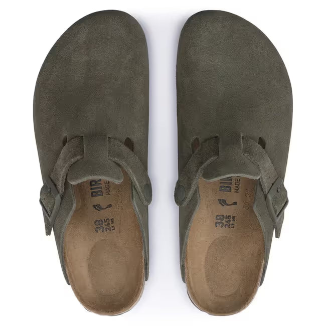 Upper of Birkenstock Boston unisex suede clogs in Thyme Green Suede