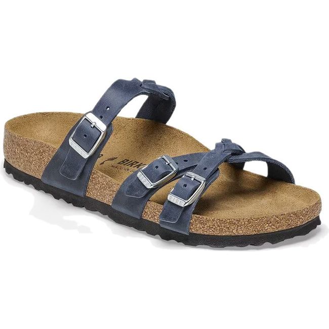 Front angled view of Birkenstock Women's Franca Braid Oiled Leather Sandal in navy blue