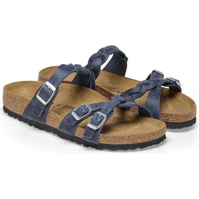 Pair of Birkenstock Women's Franca Braid Oiled Leather Sandals in navy blue with three straps