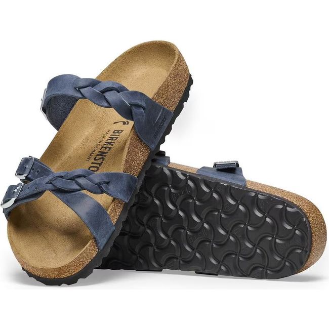 Upper and sole of Birkenstock Women's Franca Braid Oiled Leather Sandals in navy blue