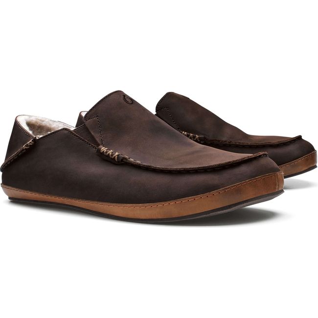 Pair of the Dark Wood leather Men's Olukai Moloa Slipper with shearling inside