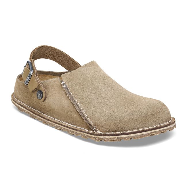 Front angled view of Birkenstock Unisex Lutry Premium Suede Clog in Gray Taupe