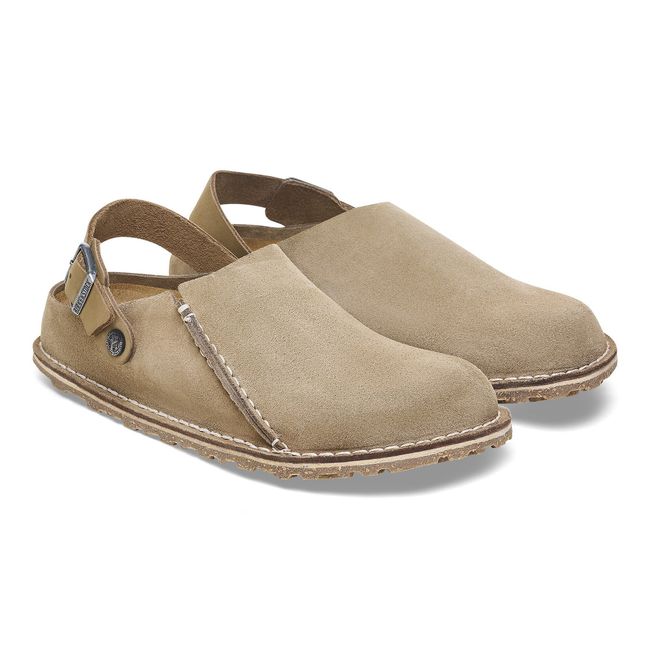 Pair of Birkenstock Unisex Lutry Premium Suede Clogs in Gray Taupe
