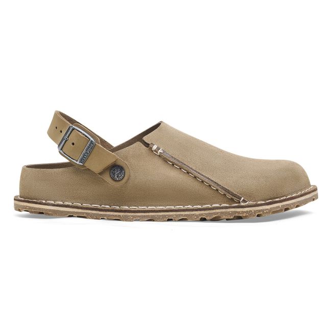 Lateral side of Birkenstock Unisex Lutry Premium Suede Clog in Gray Taupe