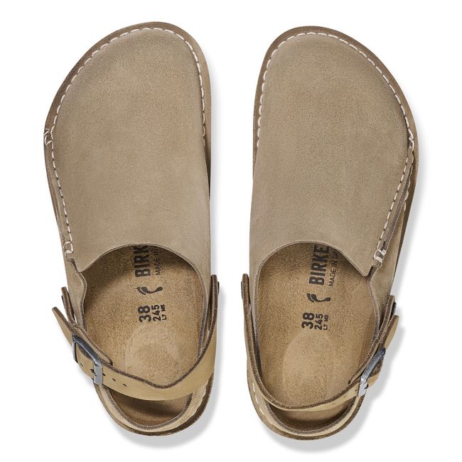 Top down view of Birkenstock Unisex Lutry Premium Suede Clogs in Gray Taupe