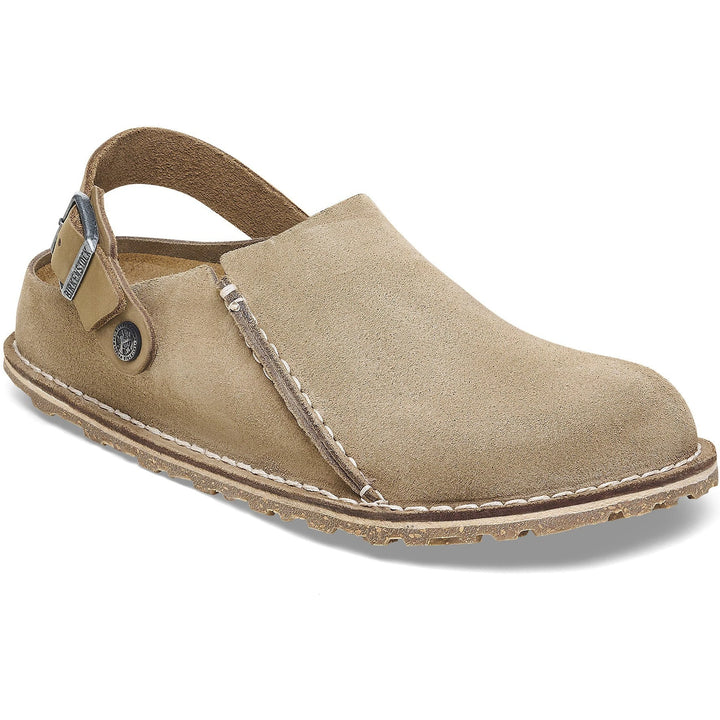 Front angled view of Birkenstock Unisex Lutry Premium Suede Clog in Gray Taupe
