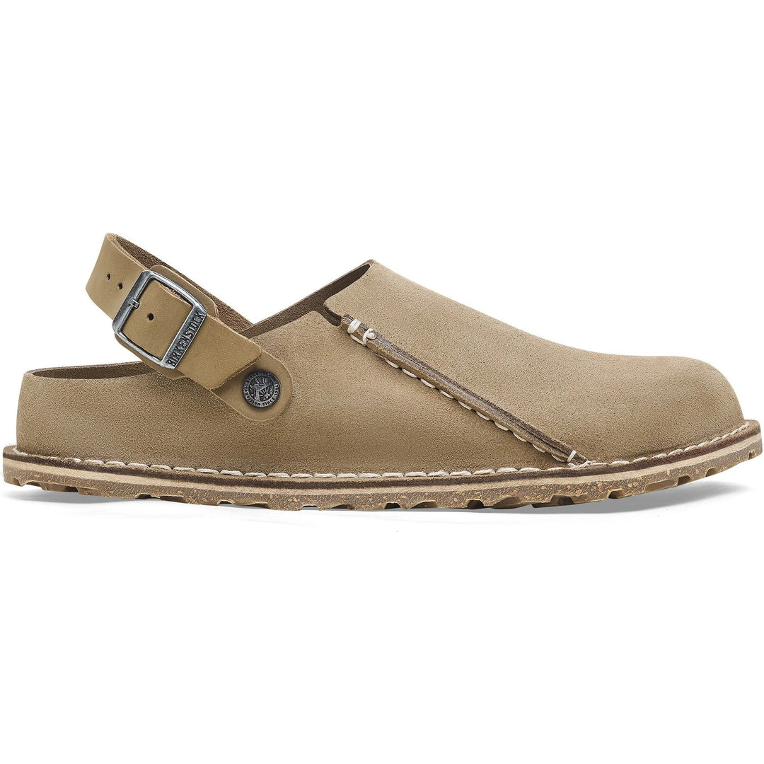 Lateral side of Birkenstock Unisex Lutry Premium Suede Clog in Gray Taupe