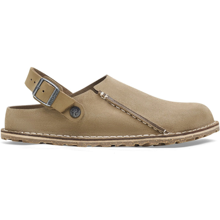 Lateral side of Birkenstock Unisex Lutry Premium Suede Clog in Gray Taupe