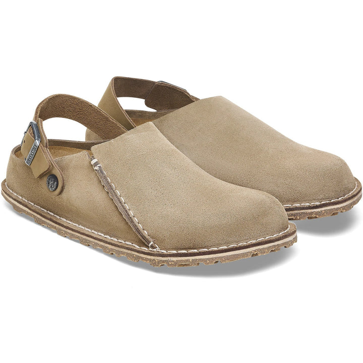 Pair of Birkenstock Unisex Lutry Premium Suede Clogs in Gray Taupe