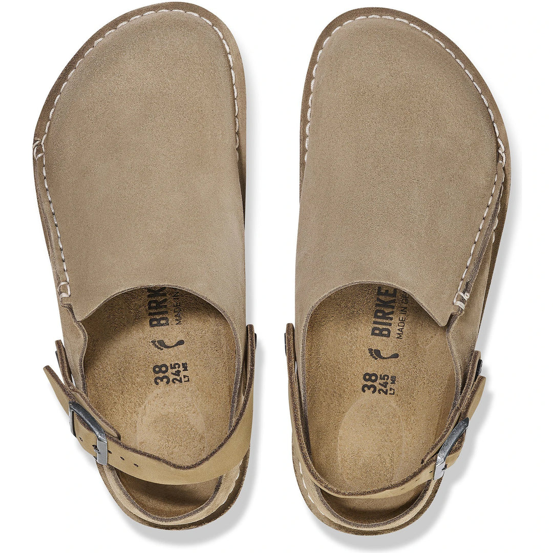 Top down view of Birkenstock Unisex Lutry Premium Suede Clogs in Gray Taupe