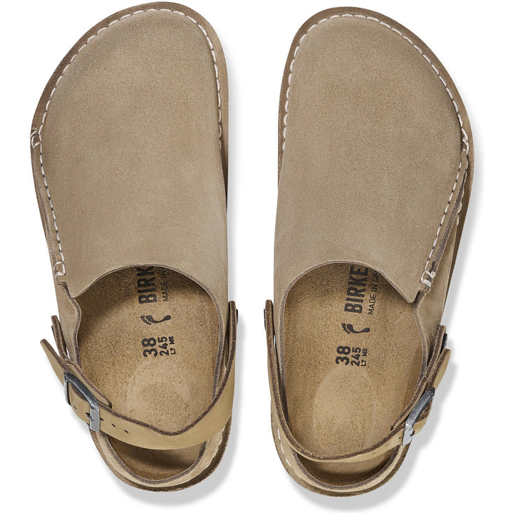 Top down view of Birkenstock Unisex Lutry Premium Suede Clogs in Gray Taupe