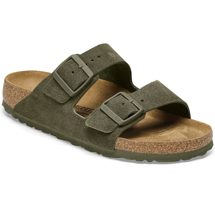 Front angled view of Birkenstock Unisex Arizona Suede Sandal in Thyme