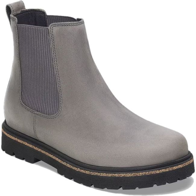 Front angled view of Birkenstock Women's Highwood Slip On Mid Chelsea Boot in Graphite gray