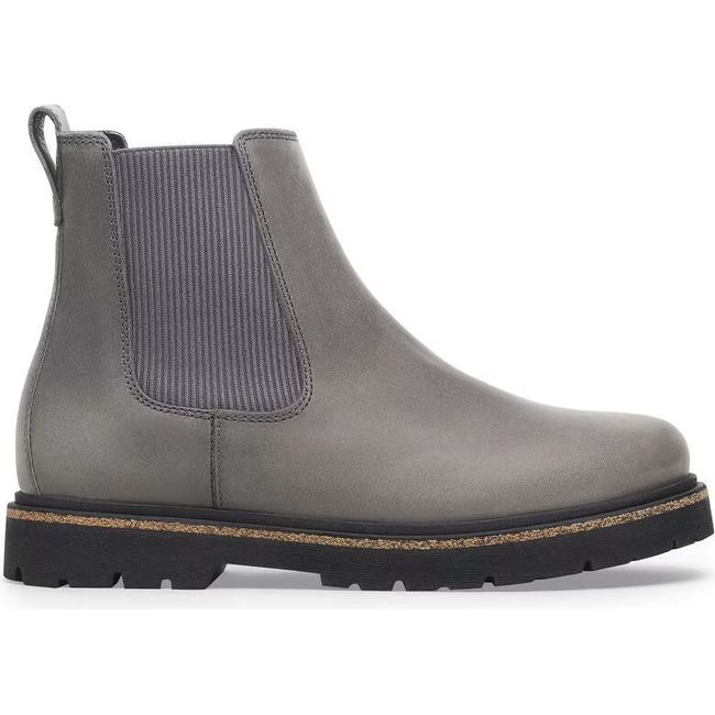Lateral side of Birkenstock Women's Highwood Slip On Mid Chelsea Boot in Graphite gray